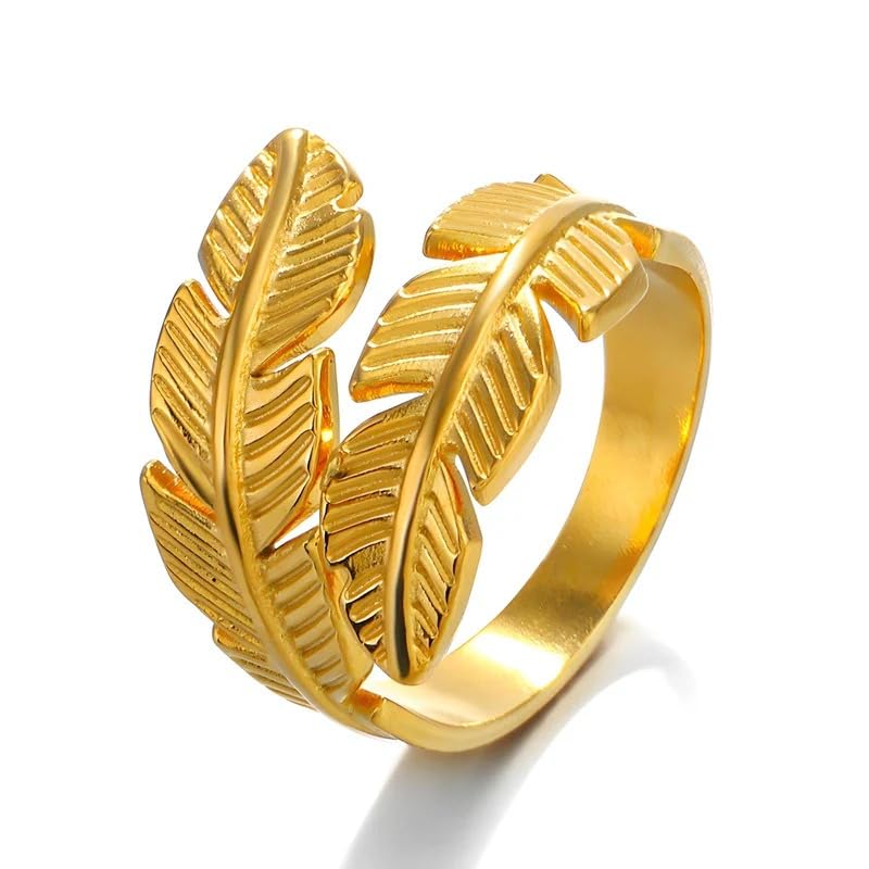 Ring Feather Double Symbolizing Freedom And Grace Stainless Steel 18k Gold Plated Valentine's Day Adjustable