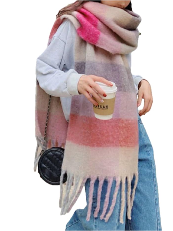 Winter Plaid Scarf, Soft Polyester Jacquard, Multicolour Pattern with Fringe, Warm for Fall and Winter