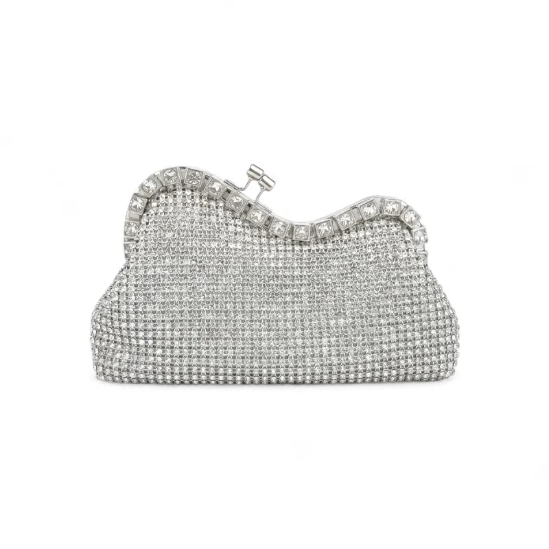 A stunning evening bag featuring a fluid silhouette fully encrusted with shimmering crystals.VS-52