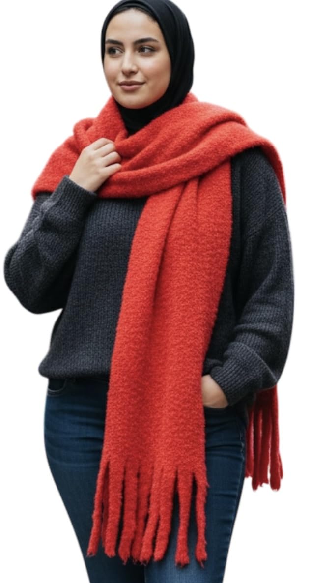 Women's Winter Scarf, Red, Soft Knit with Fringe Detail, Warm Oversized Wrap