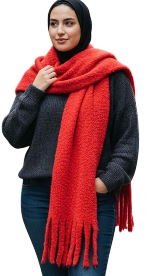 Women's Winter Scarf, Red, Soft Knit with Fringe Detail, Warm Oversized Wrap