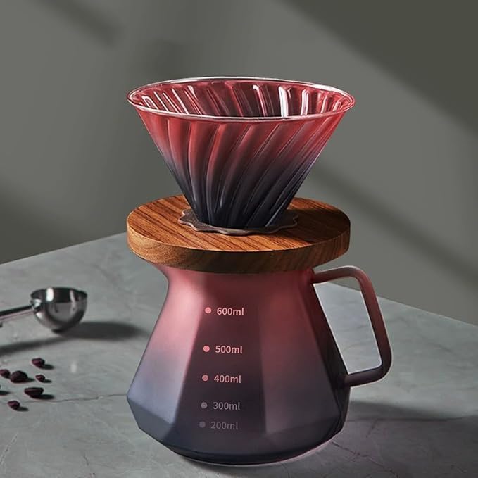 Pour Over Coffee Maker, 600mL Drip Coffee Maker set, Coffee Dripper with V60 Paper Filter, Walnut Handle & Glass Lid, Borosilicate Glass Carafe for Home office Café (Blackberry)