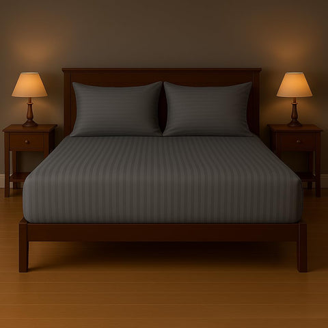 PolyCotton Bed Sheet Set with 2 Pillow Cases, Striped Pattern, Machine Washable (Gray, 200 x 200)
