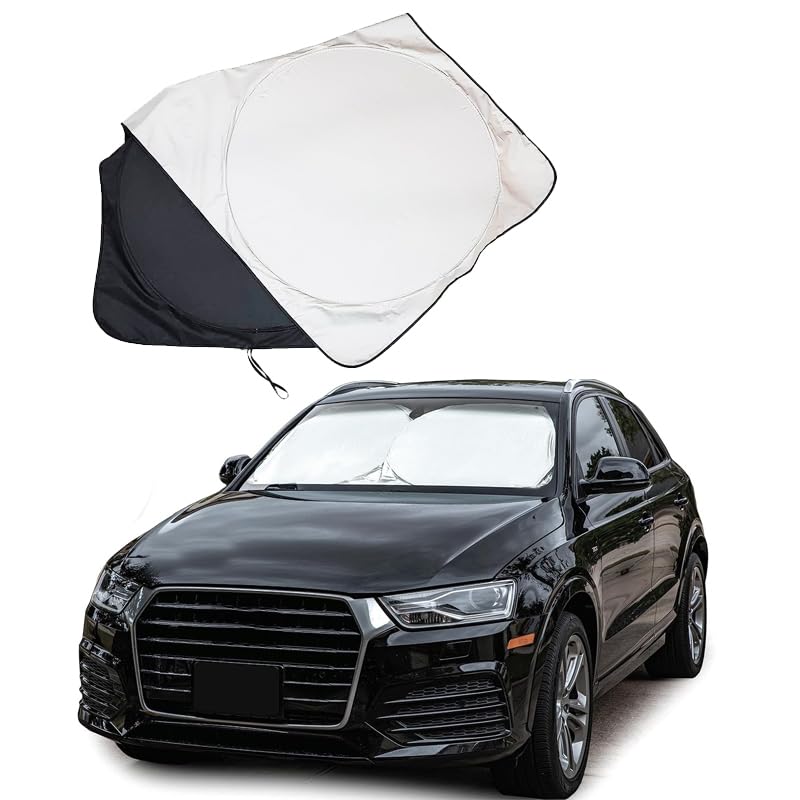 KaberMisr 2020 Car Windshield Sun Shade Foldable Cover Dust and Rays Protection Sunshade Keeps Your Car Cool (Round Silver Waja Black, 150 * 70 cm, Code:6207)