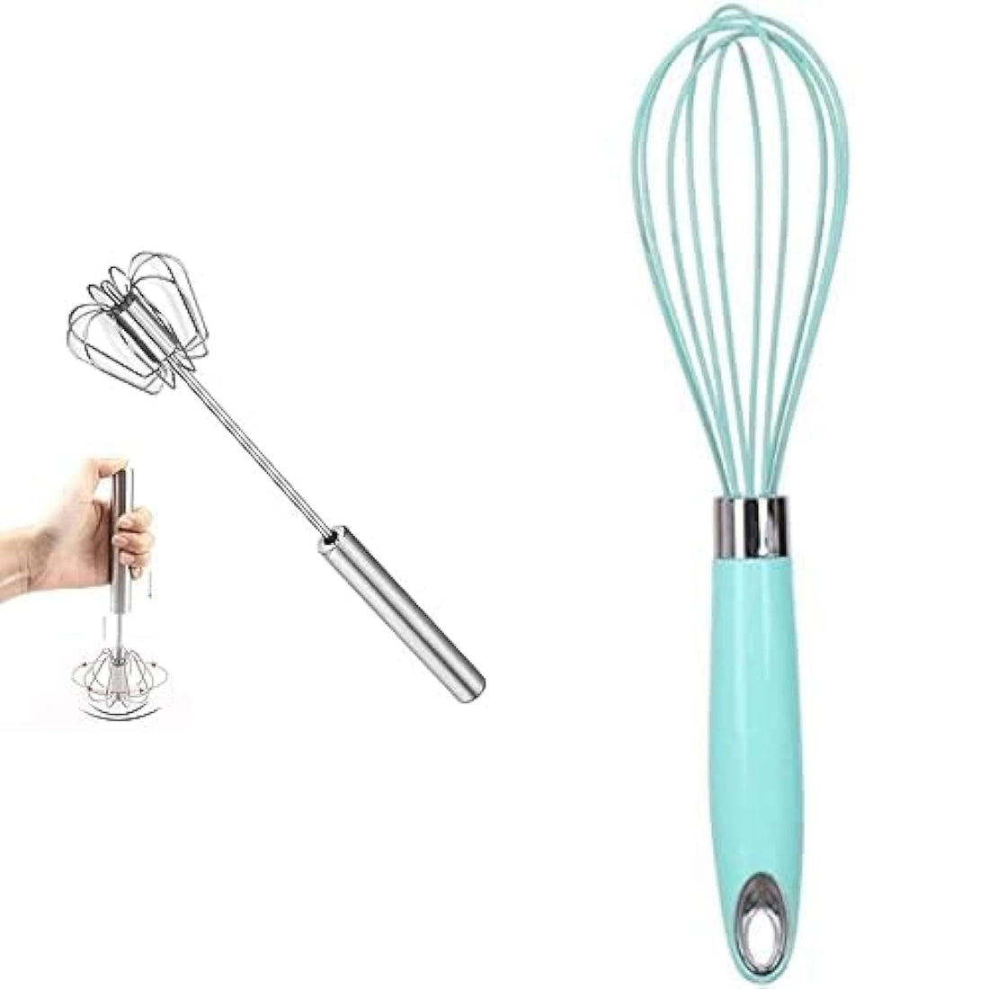 Stainless steel whisk press the semi-automatic beater mixture egg & milk frother - silver + Silicone hand eggs racket - colors vary