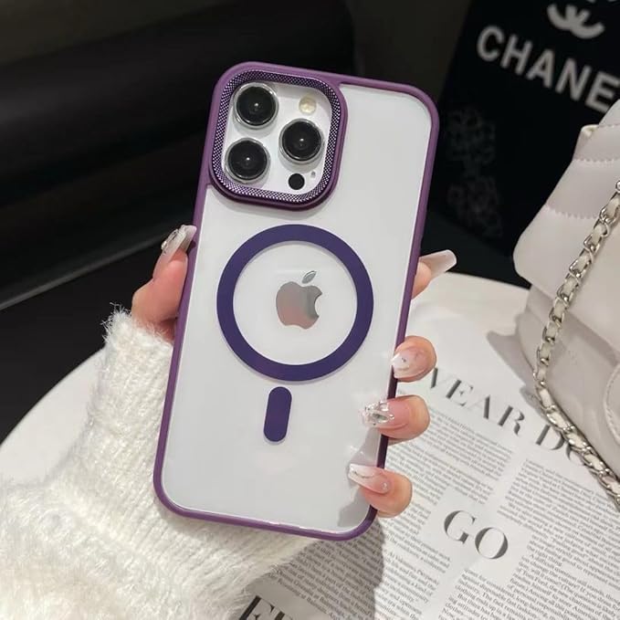 Eco Case Silicon Luxury Metal Lens Camera Protection Meg*Safe Phone Case for iPhone 16 Pro Max Wireless Charging Cover - Clear Back Slim (Purple)
