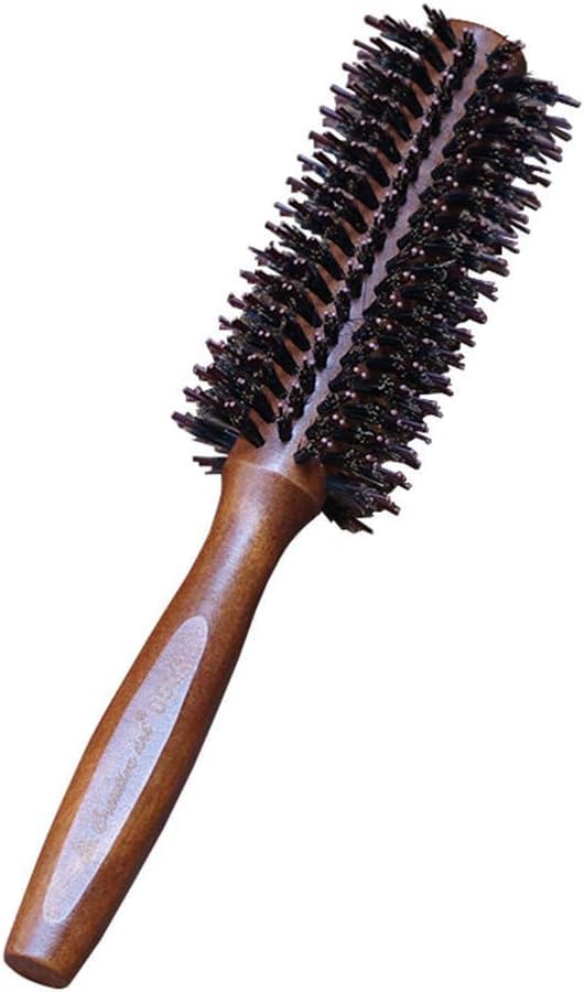 Boar Bristle Round Curling Brush 5CM, Wooden Handle Anti-Static Hairbrush for Styling, Drying - Large Round Brush for Women & Men - Brown