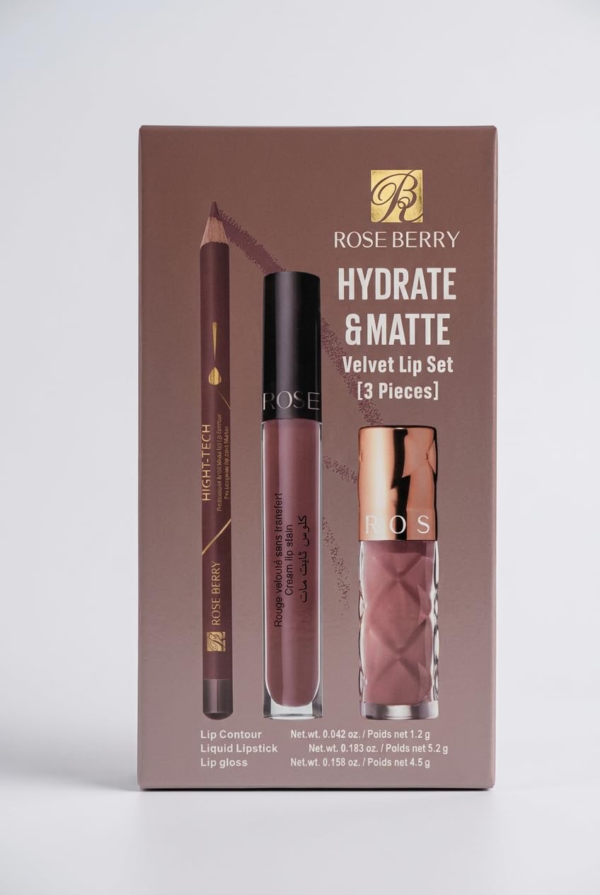 Rose Berry Hydrate & Matte Velvet Lip Set, 3 Pieces, Lip Contour, Liquid Lipstick, Lip Gloss, Set No. L02