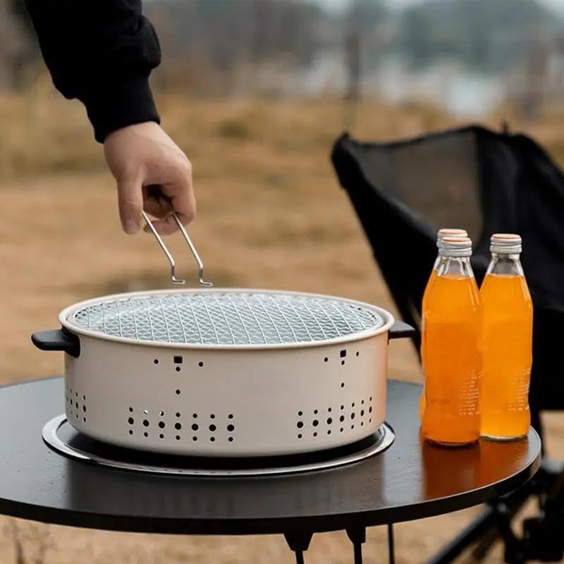 Compact BBQ Grill - Non-Stick Small Charcoal Grill with Heat-Resistant Handle, Perfect for Round Table Outdoor Cooking, Home BBQs, or Camping Fun