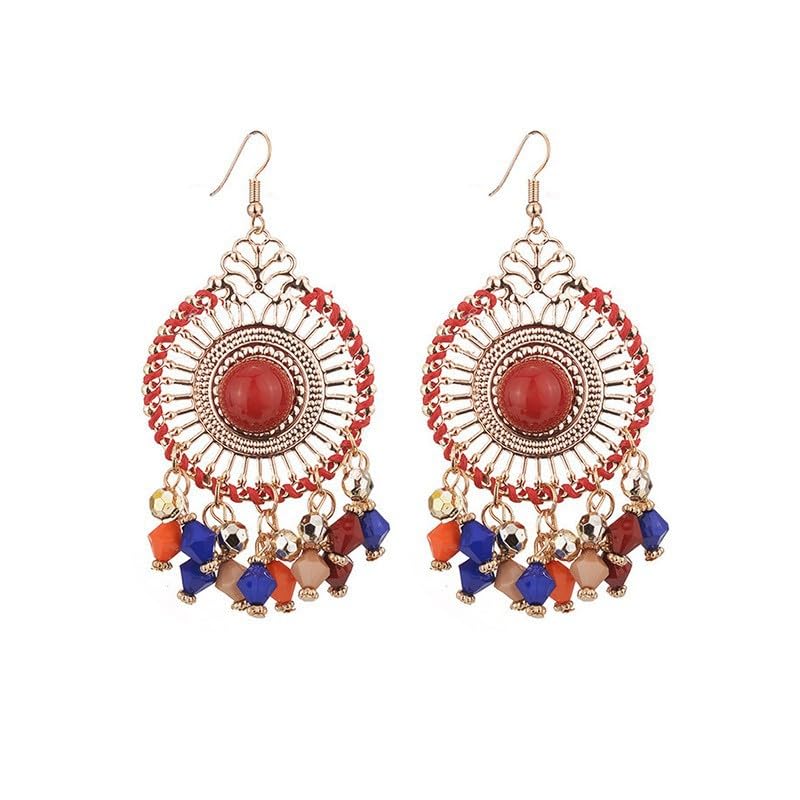 Showday Faux Feather Earrings Dream Catcher Earring Bohemian Fringe Tassel Long Drop Dangle Earrings Bohemian Ethnic Handmade Beaded Charms Earring for Women Girls Jewelry Gift (multi stone)