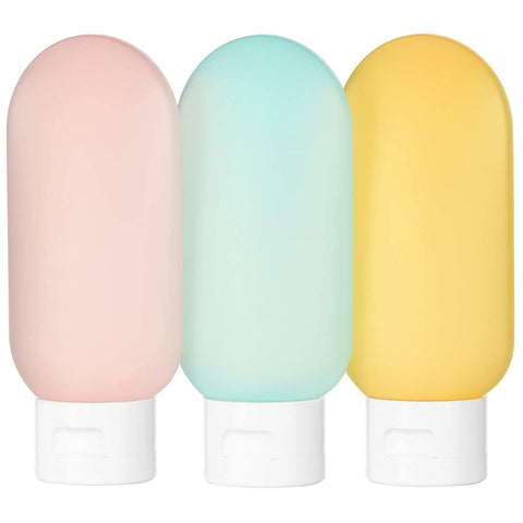 3-Pack 2oz/ 60ml Travel Size Bottles, TSA Approved Empty Plastic Squeeze Containers with Carrying Bag for Liquids, Shampoo, Toiletry Accessories - Pink, Lake Blue, Orange