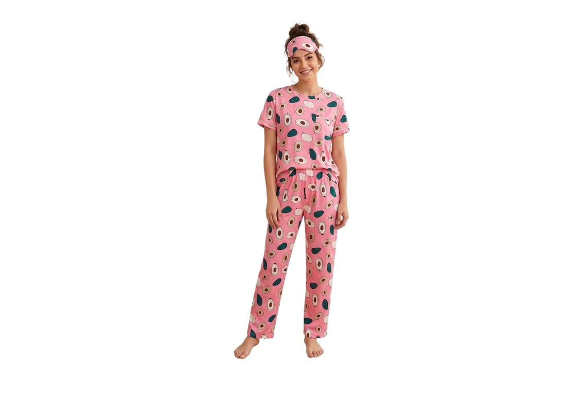 Women Summer Pajama Set 2 Pieces (Half Sleeve T-Shirt & Long Pants) Comfortable Soft Patterns for Daily Use and Sleep, Summer Light Material with Stylish Sleep Glasses