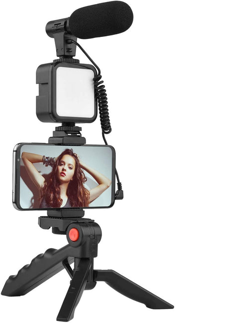CROWNVIZ Camera Video Recording Vlogging Kit for Video Making, Mic, Mini Tripod Stand, LED Light & Phone Holder Clip for Making Videos Podcasting