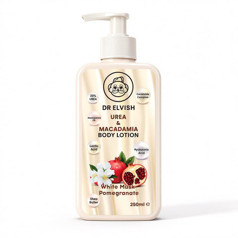 Dr. Elvish White Musk & Pomegranate Urea Body Lotion 250ml – Deep Moisturizing Body Cream with Macadamia & Natural Oils | Long-Lasting Fragrance | Hydration for Dry & Sensitive Skin