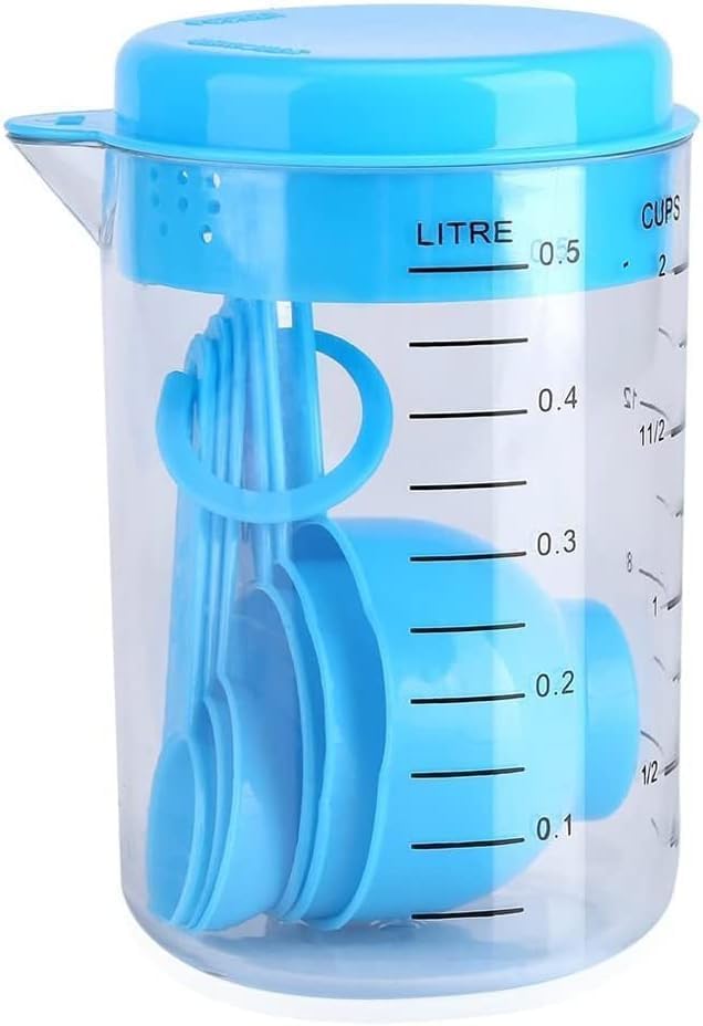 Portal Cups and Spoons Set + Whisk Plastic Baking and Cooking Tools for Kitchen for Dry or Liquid Ingredients, 6 Pieces (Blue)