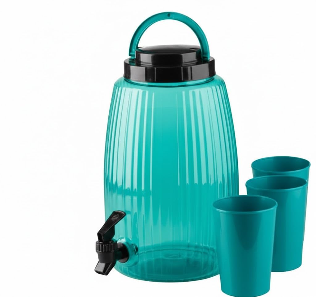 Max Color High Quality Plastic Water and Juice Dispenser with 3 Cups, Turquoise, 4700 ml, 16.5 x 16.5 x 28 cm