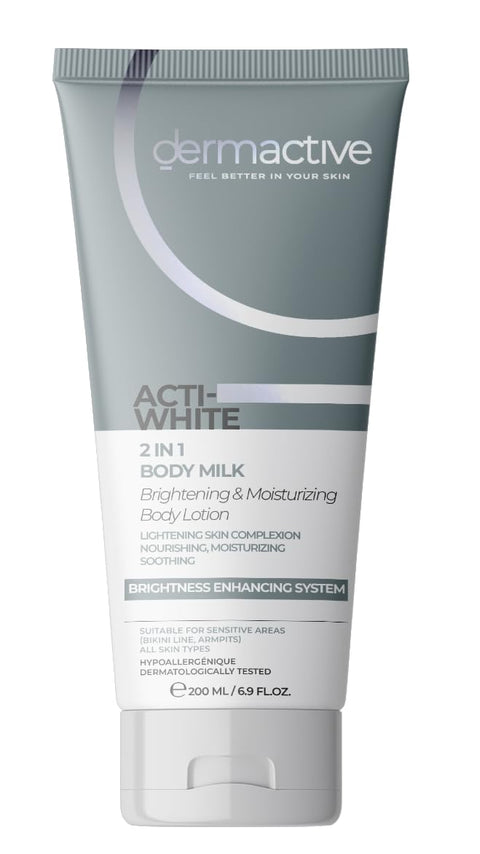 DERMACTIVE Acti White 2-in-1 Body Milk – 200 ml Brightens & Hydrates, Targets Uneven Tone, Lightweight Nourishing Care All Skin Types, Dermatologist Tested, Daily Use – AM & PM