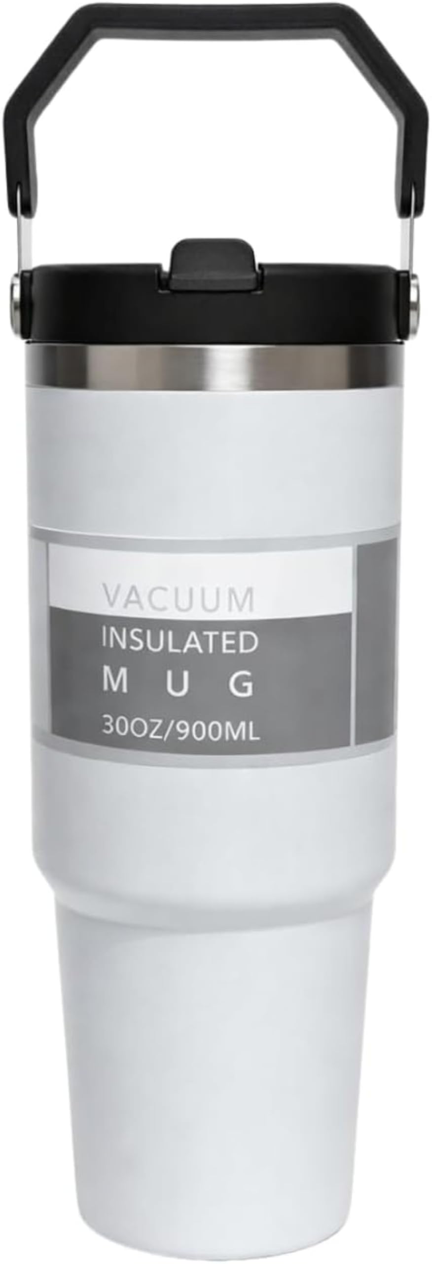 Vacuum Insulated Mug 900ml Water Tumbler Stainless Steel with grip handle & Straw Double Wall Thermal Mug for Hot & Cold Drinks - Leakproof, BPA-Free – Gym, Travel, Office (T, White)