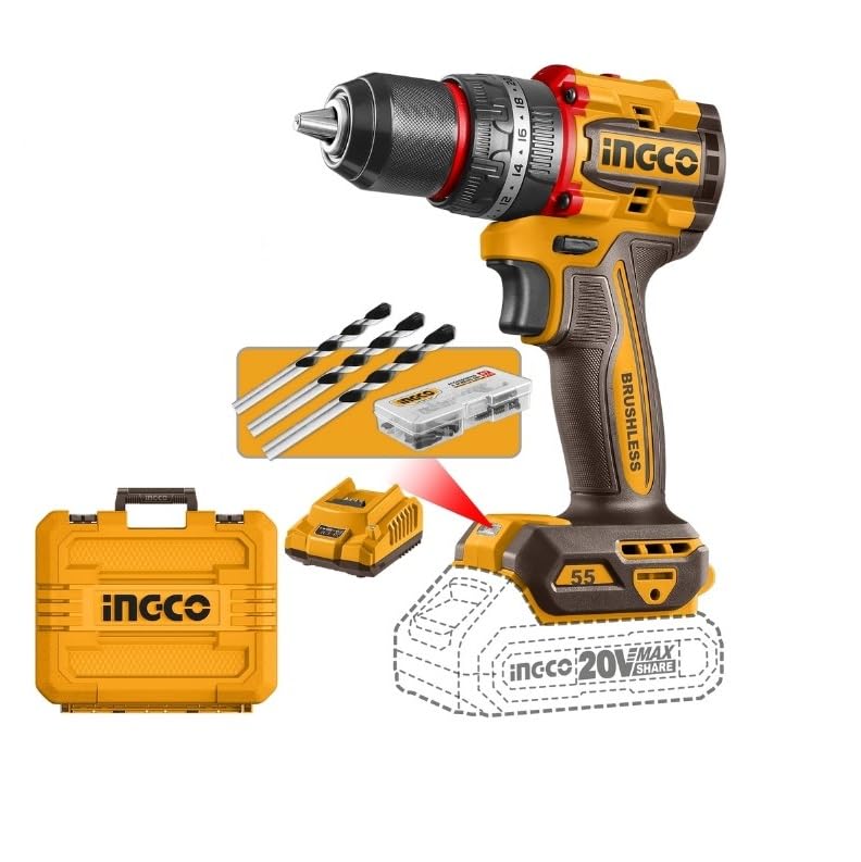 INGCO CIDLI20558 Impact Drill 20V,Brushless Motor, 13mm Steel Chuck, 2x20V 2.0Ah Li-Ion Battery,55Nm Torque, 2-speed adjustment, Spindle lock function, LED light, Including a 47pcs Accessories