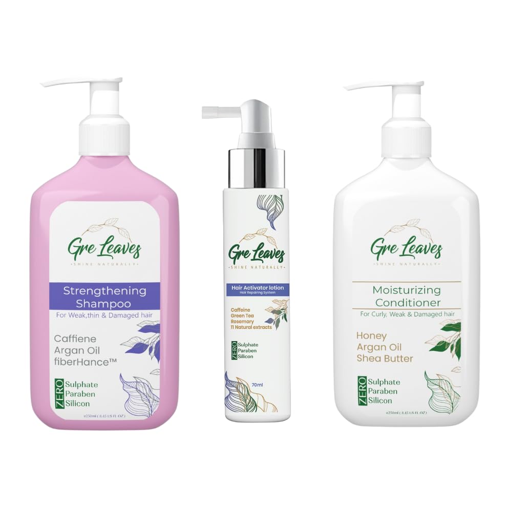 GreLeaves Bundle Hair Activator Lotion,strengthening shampoo,Conditioner, Anti Hair Loss Treatment with 14 Natural Extracts,FIBERHANCE, Biotin and Ginkgo