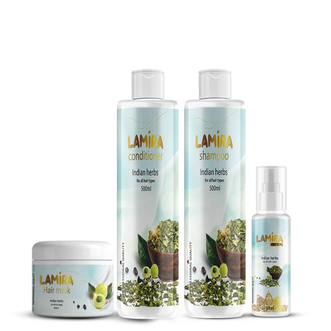 Lamira Indian Herbs Hair Care Kit – Shampoo, Conditioner, Hair Mask (500ml) + Serum (100ml) – Sulfate & Paraben Free – For Hair Growth & Softening