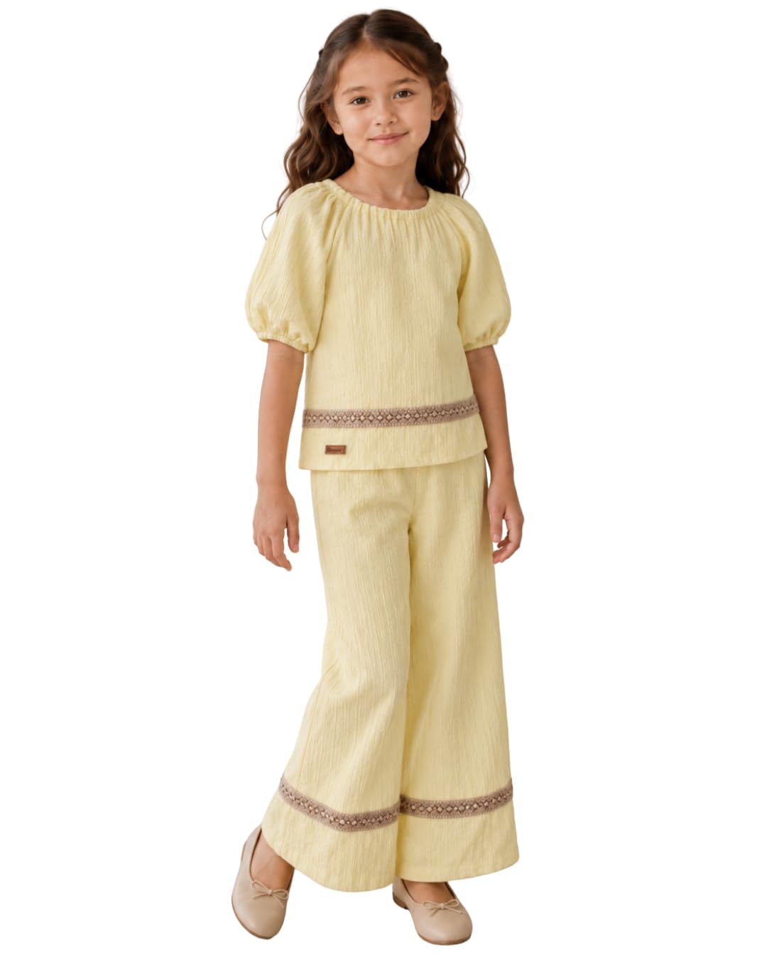 Wonder trim Set Girls' Puff Sleeve Top and Wide-Leg Trouser Set, Embroidered Trim, Red, White, Yellow, blue, dark green and fushia
