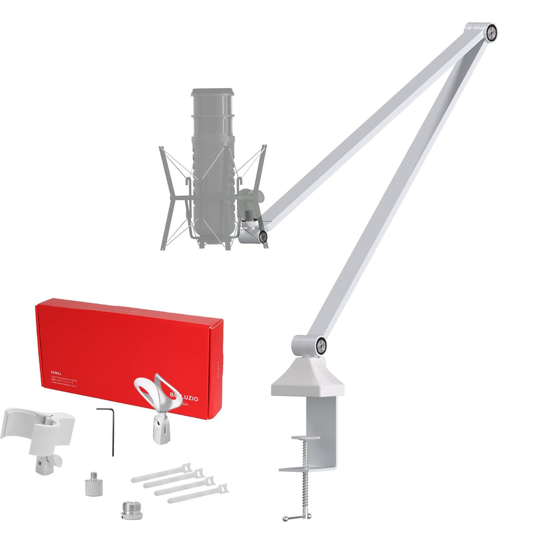 White Metal Desk Mic Arm - Silent Spring-Free Design, Durable & Adjustable, Minimalist Style Mic Stand for Podcasting, Streaming, Studio Recording, and More, BO24SF1-SSMA1-W