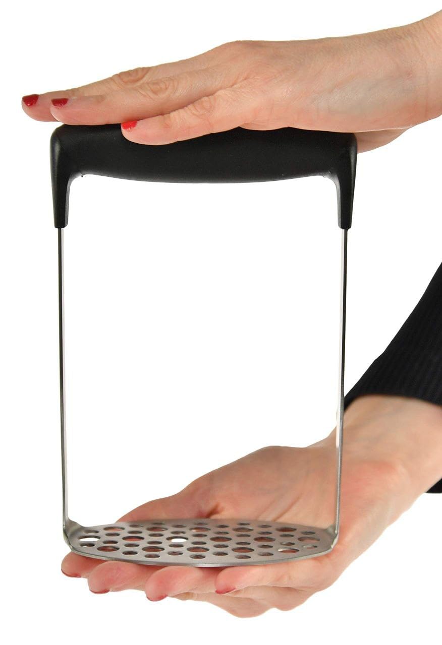 Generic Stainless Steel Potato Masher with Soft Silicone Handle, Rust-Resistant and Durable Kitchen Tool for Mashed Potatoes and Vegetables.