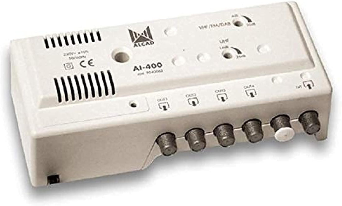 AL-CAD AI-400 Indoor TV Signal Amplifier – 4 Outputs, VHF/UHF Band Boost, Low-Noise Indoor Antenna & Cable Booster