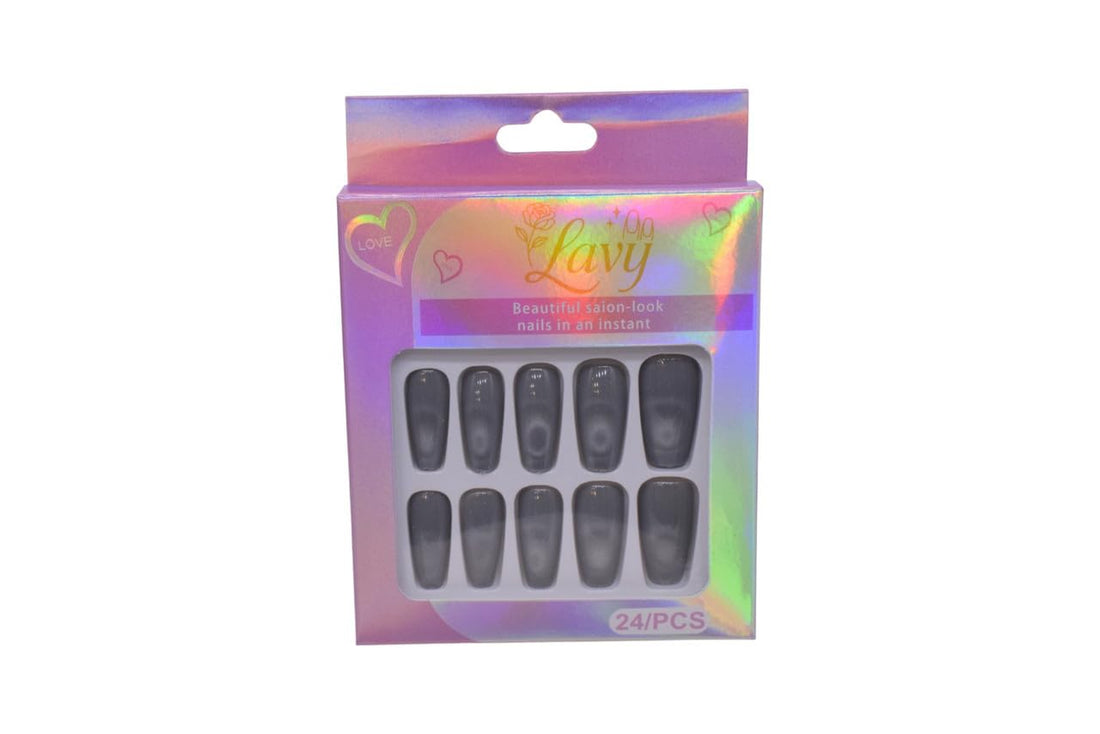 Lavy Coffin Shape Press-On Mink Nails 24-Piece Set - Grey