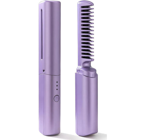 Aputue Mini Hair Straightener, Rechargeable Cordless Straightening Brush with 6400mAh Battery, Portable Hot Comb for All Hair Types, Travel Size Styler for Women and Men (Purple)