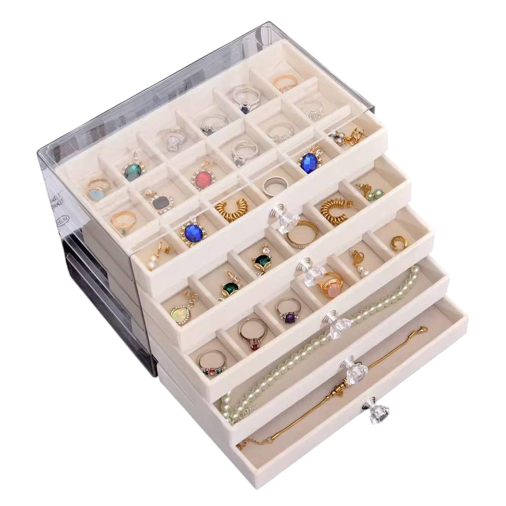 Next Store 5 Tier Jewelry Storage Box – Acrylic Frame & Velvet Liner, Multi-Drawer Organizer for Earrings, Rings, Necklaces, Classic Office Desk Design (Off White)