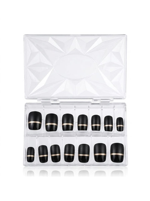 14 Pieces False Nails Self Adhesive False Nails Black with Gold Line Square Shape Easy to Apply