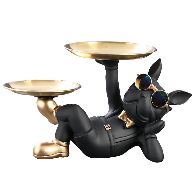 French Bulldog Statue Decor with 2 Tray and Cute Glasses, Key Holder Bowl for Entryway Table, Candy Jewelry Earrings Dish for Home Decor Modern Art, Cool French Bulldog Sculpture Gifts