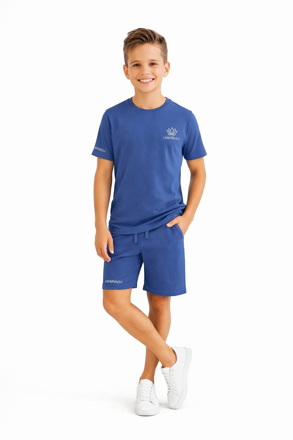 Lavandula Boys' Pyjama Set, 100% Pure Cotton, Short Sleeve T-Shirt and Matching Shorts, Olive Green, Navy Blue