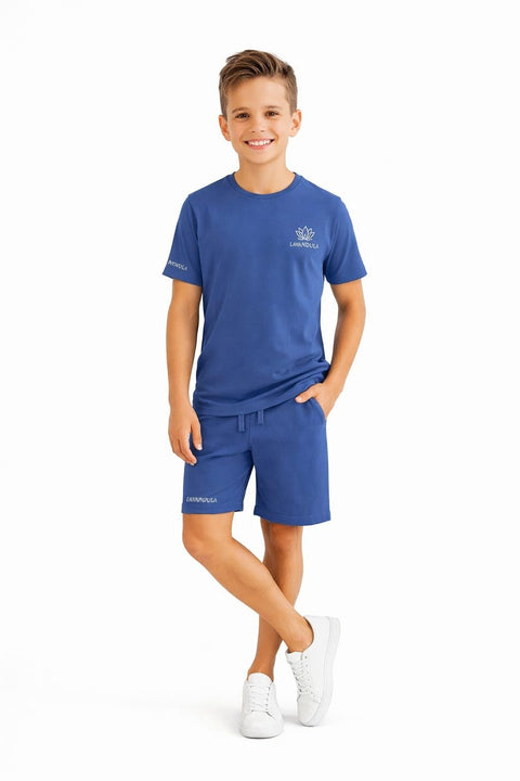 Lavandula Boys' Pyjama Set, 100% Pure Cotton, Short Sleeve T-Shirt and Matching Shorts, Olive Green, Navy Blue