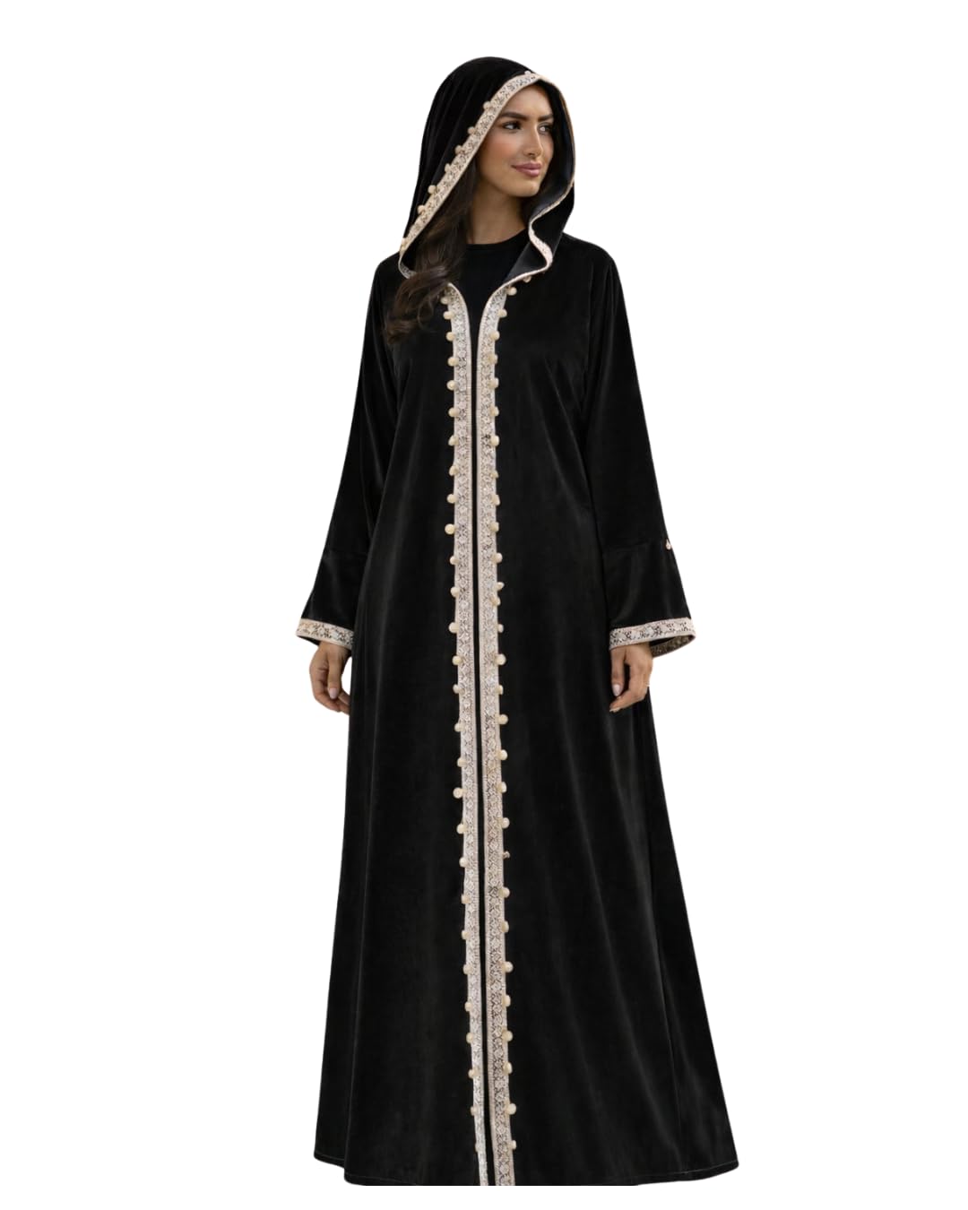 Women's Velvet Ramadan Hooded Kaftan with Lace Trim, Long Sleeve Abaya Robe