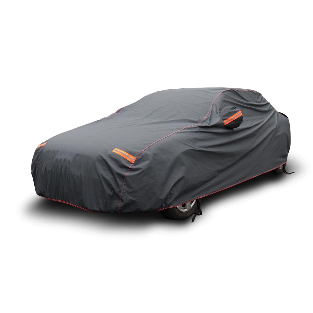 All-Weather Car Cover, Multi-Layer Waterproof Protection, 210-inch Sedan Cover with Windproof Straps, Grey and Orange Strips