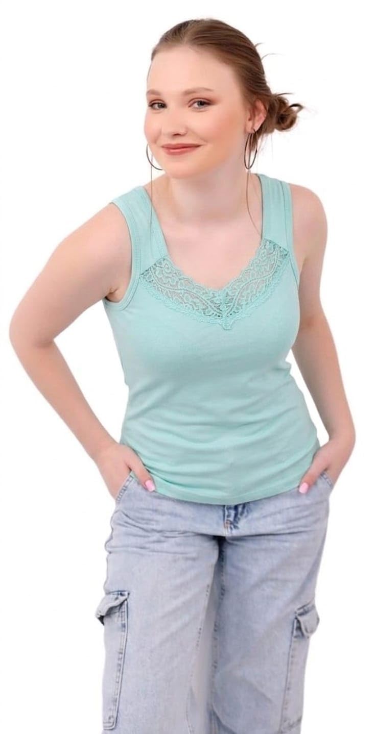 Dabbagh Women’s Cotton Lycra Sleeveless Tank Top, Lace Trim Neck Soft Basic Casual Top