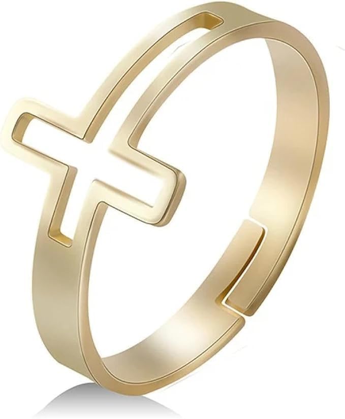 Ring Grace Cross Simple Handmade And Style korean Gift For Women Fashion Day Wife Lover Family Valentine's Day Stainless Steel 18K gold Plated - Opening Adjustable