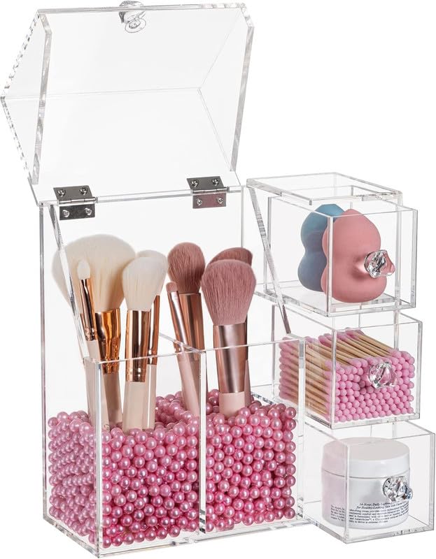 BEST MEDIA Transparent Acrylic Makeup Organizer with 2 Brush Holders and 3 Drawers, a Dustproof Cosmetic Storage Box with Free Pink Pearls- Modern - 1 Piece - Transparent