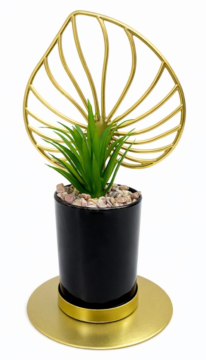 Artificial Plant Decor with Gold Leaves, Black Pot, Gold Metal Stand, Decorative Masterpiece for Table, Home, Office, Living Room (Lotus)