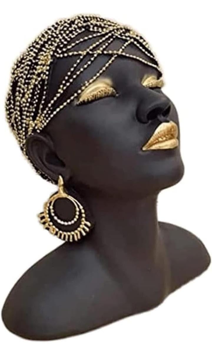 Elegant African-Inspired Bust Figurine, Black and Gold Decorative Sculpture with Beaded Headpiece and Jewelry, Perfect for Modern and Artistic Home Decor