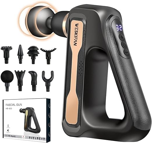 Phyzioline Handheld deep tissue massage gun with 32 speed levels, 8 heads, and LCD screen; quiet and powerful for pain relief, recovery, and fitness.)