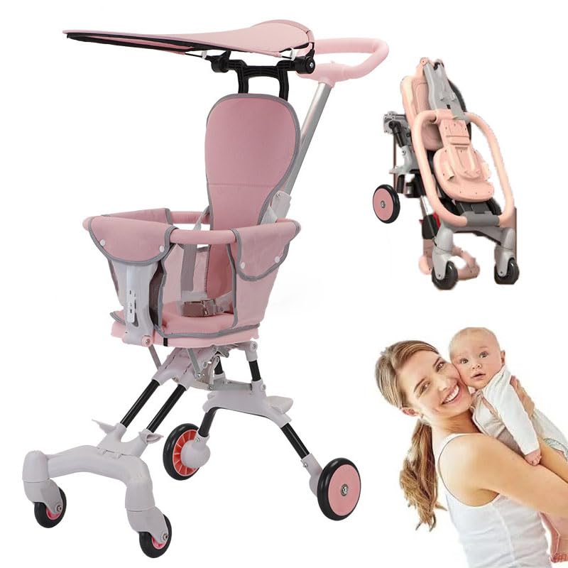 Convertible Baby Stroller, Portable Two-Way Stroller Foldable Travel Pram with Adjustable Canopy, 360 Universal Wheel Travel Buggy Lie-Flat Baby Prams with Reversible Handle Adjustable Seat (Pink)