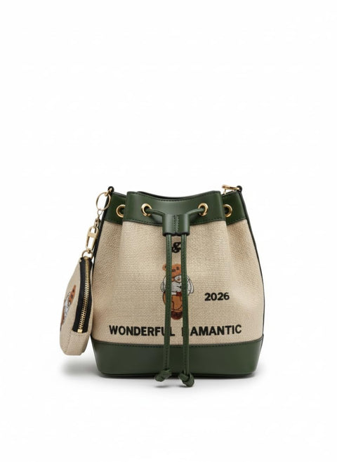 A stylish women's handbag in elegant dark green and beige, featuring a luxurious fabric and faux leather design with a drawstring closure and matching wallet, perfect for any look.