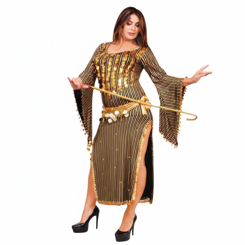 JAZZEEL Belly Dance Dress, Metallic Striped Stretch Fabric, Beaded Hip Accents, Side Slit Design for Performance and Home Practice, Comfortable Fit, 1 Piece, Black Gold