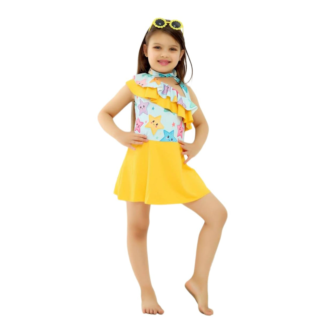 Girls One Piece Swimsuit Style Dress – Ruffle Shoulder with Built in Skirt