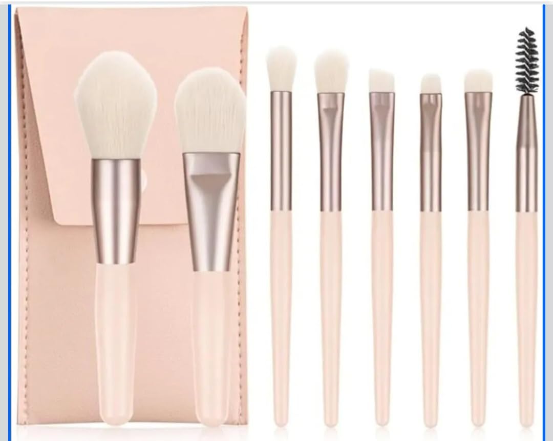 Makeup Brush Set, 7 Pieces, Silver Handles, Soft White Hair, with Pink Bag