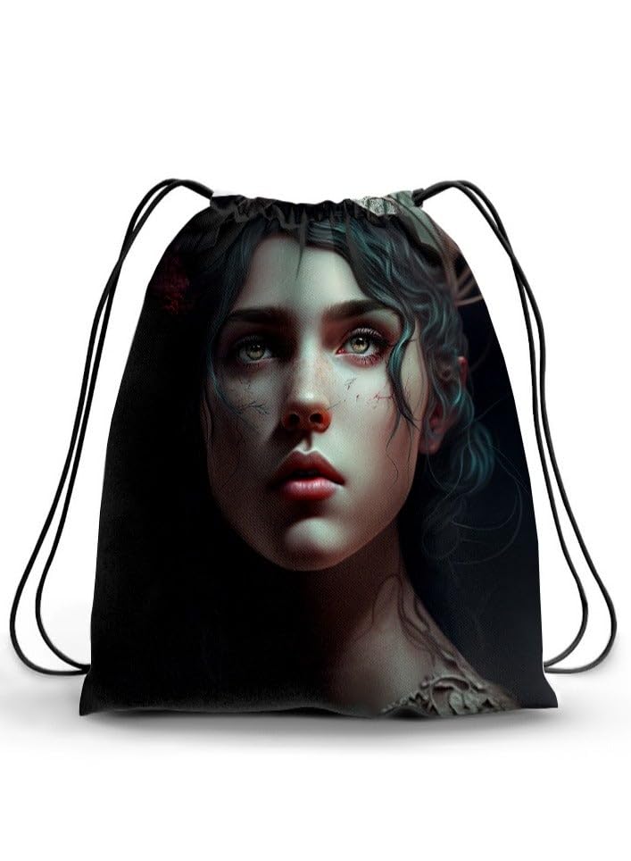 Drawstring Backpack with Gothic Portrait Design, Black, Plastic, 50 Grams